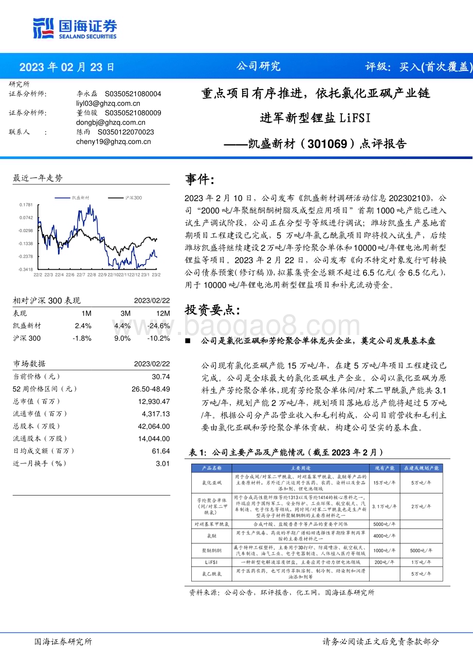 20230223-国海证券-凯盛新材-301069.SZ-点评报告_重点项目有序推进_依托氯化亚砜产业链进军新型锂盐LiFSI_9页_749kb (1).pdf_第1页