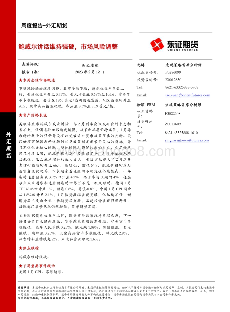 20230212-东证期货-外汇期货周度报告_鲍威尔讲话维持强硬_市场风险调整_11页_3mb.pdf_第1页