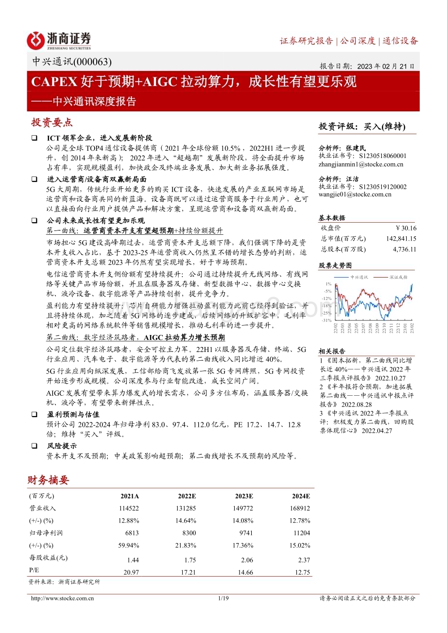 深度报告-20230221-浙商证券-中兴通讯-000063.SZ-中兴通讯深度报告_CAPEX好于预期+AIGC拉动算力_成长性有望更乐观_19页_3mb.pdf_第1页