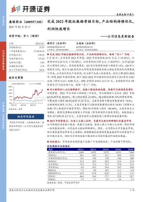 20230222-开源证券-康缘药业-600557.SH-公司信息更新报告_完成2022年股权激励考核目标_产品结构持续优化_利润快速增长_9页_1mb.pdf