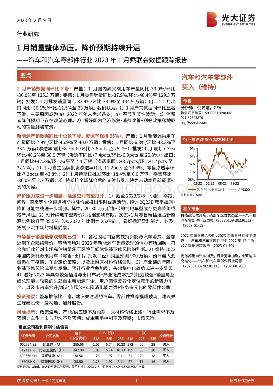 20230209-光大证券-汽车和汽车零部件行业2023年1月乘联会数据跟踪报告_1月销量整体承压_降价预期持续升温_3页_460kb.pdf_第1页