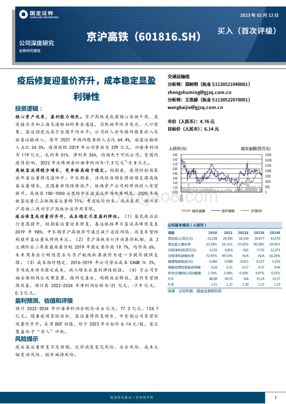 深度报告-20230212-国金证券-京沪高铁-601816.SH-疫后修复迎量价齐升_成本稳定显盈利弹性_25页_2mb (1).pdf_第1页