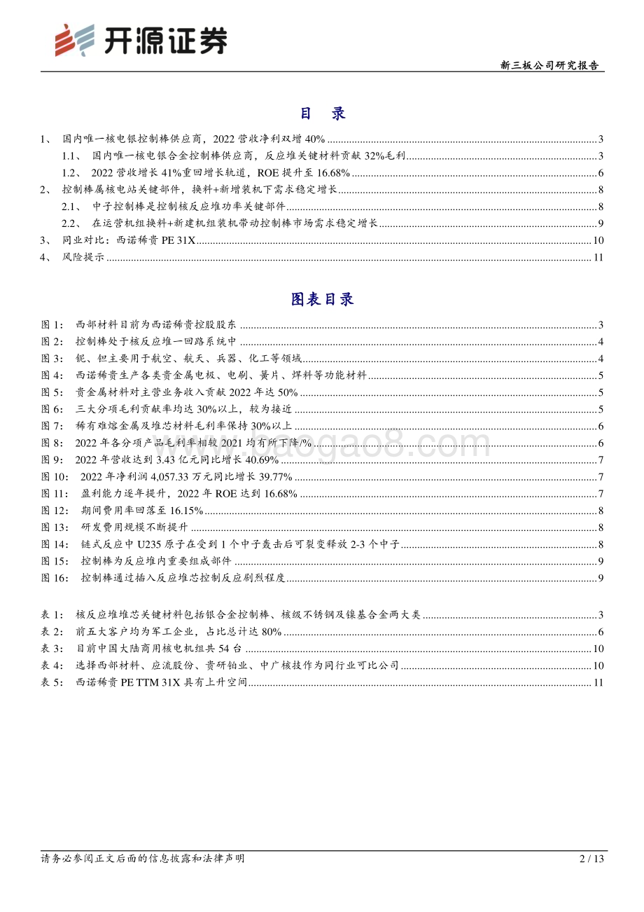 20230523-开源证券-西诺稀贵-873575.NQ-新三板公司研究报告_国内核电控制棒供应商_2022营收净利大增40__13页_1mb.pdf_第2页