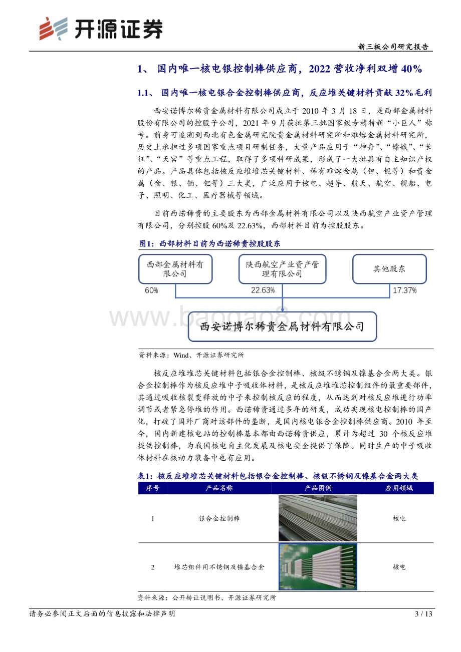 20230523-开源证券-西诺稀贵-873575.NQ-新三板公司研究报告_国内核电控制棒供应商_2022营收净利大增40__13页_1mb.pdf_第3页