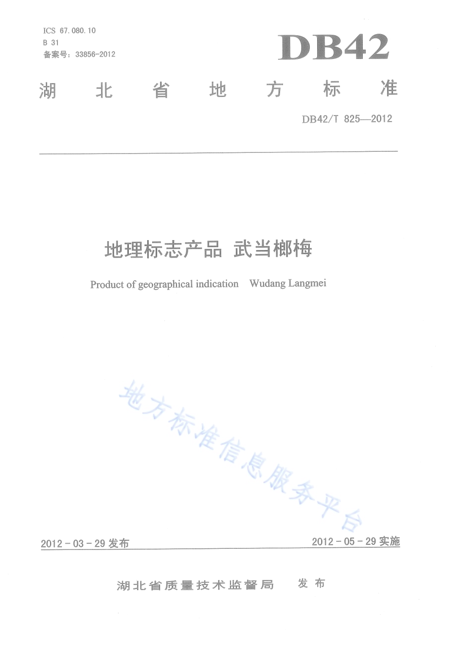 地理标志产品 武当榔梅DB42／T 825-2012.pdf_第1页