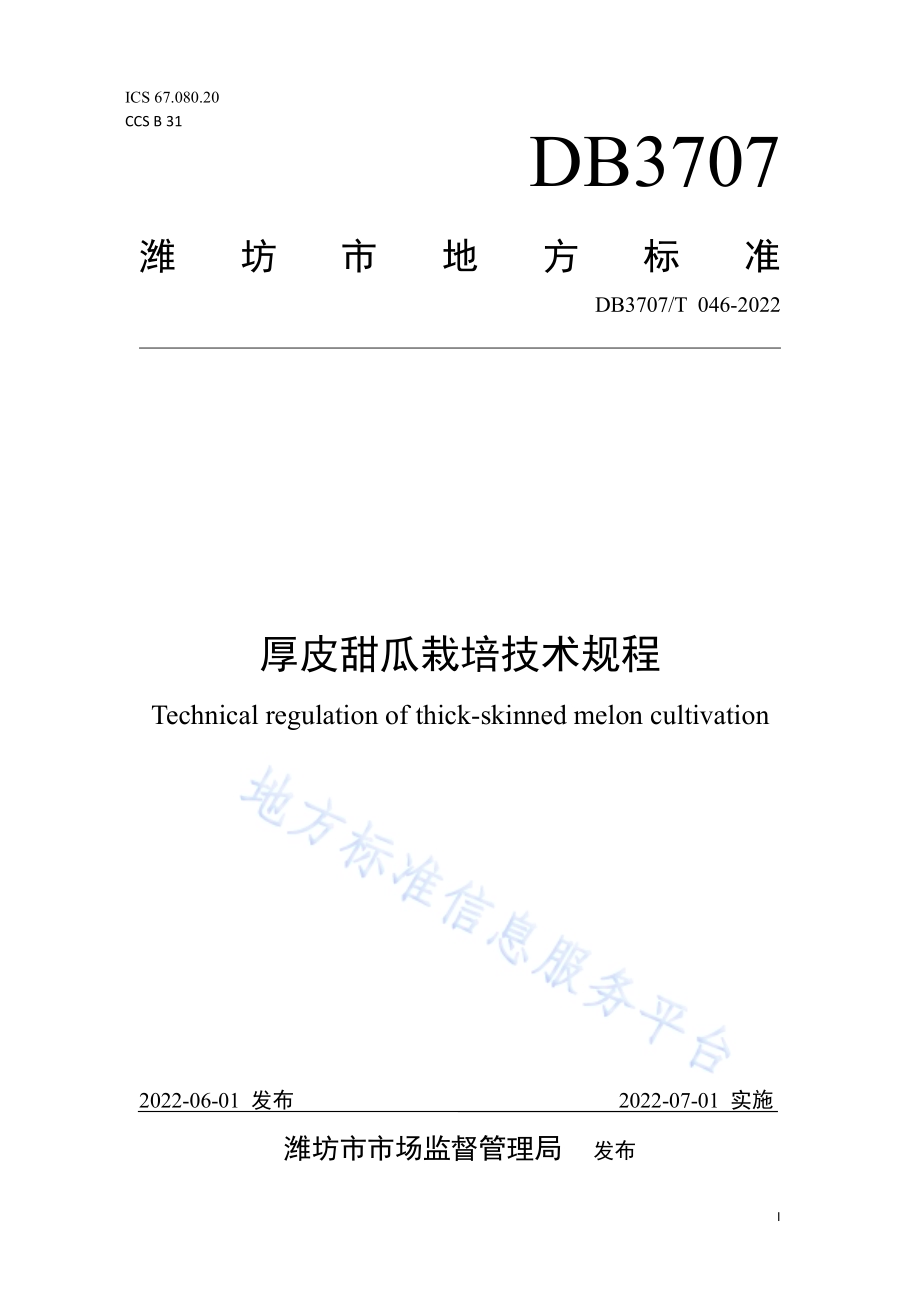 厚皮甜瓜栽培技术规程DB3707／T 046-2022.pdf_第1页