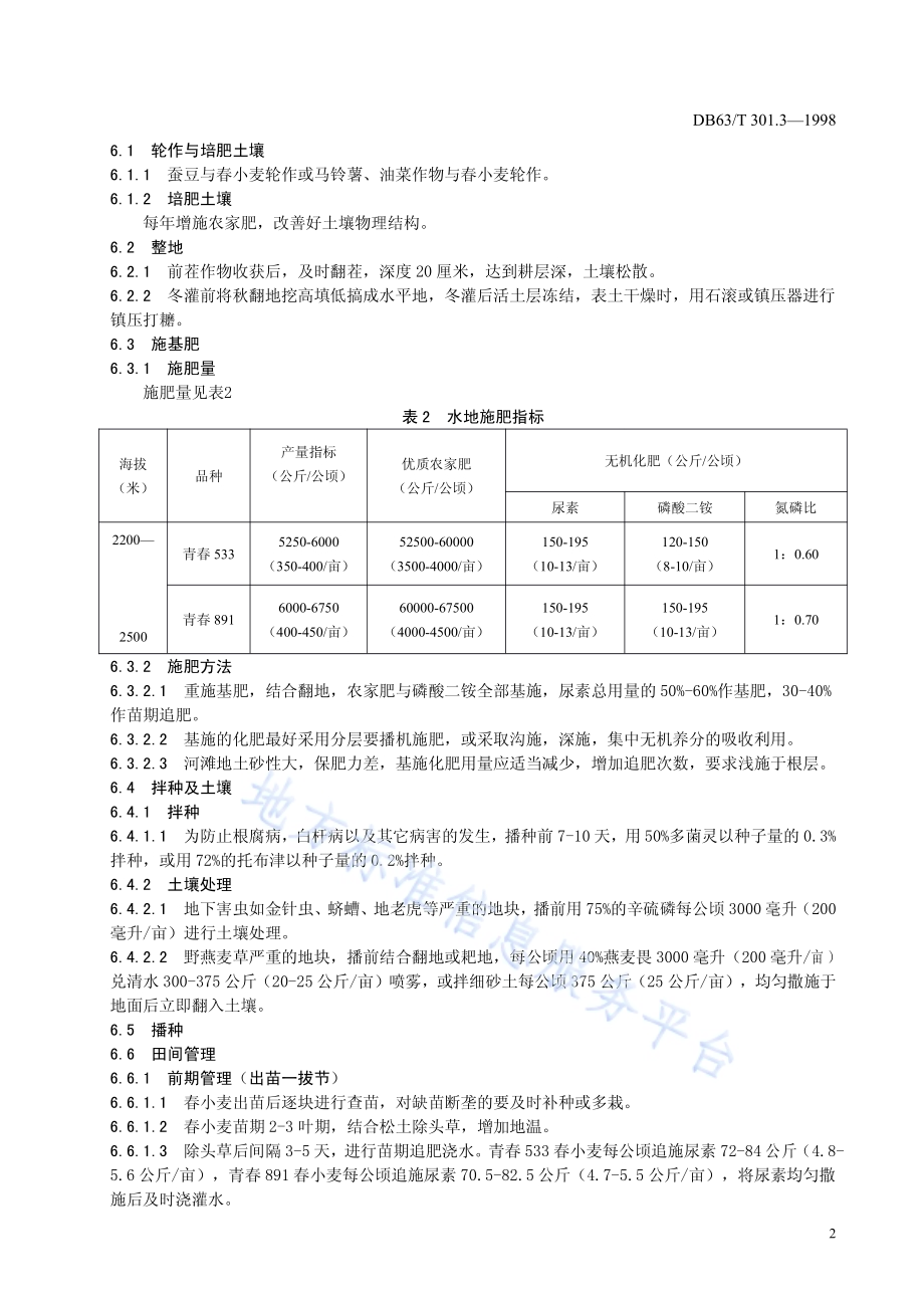 水地春小麦栽培技术规程DB63／T301.3—1998.pdf_第4页