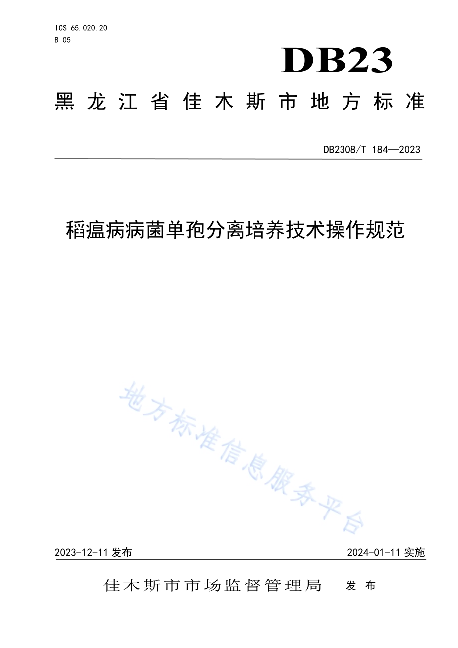 稻瘟病病菌单孢分离培养技术操作规范DB2308／T 184-2023.pdf_第1页