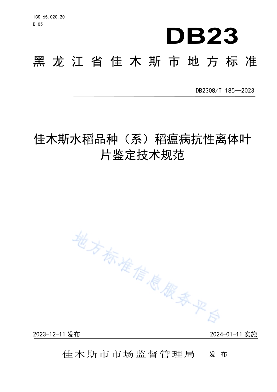 佳木斯水稻品种（系）稻瘟病抗性离体叶片鉴定技术规范DB2308／T 185-2023.pdf_第1页