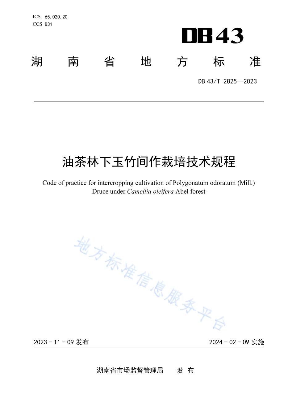 油茶林下玉竹间作栽培技术规程DB43／T 2825-2023.pdf_第1页
