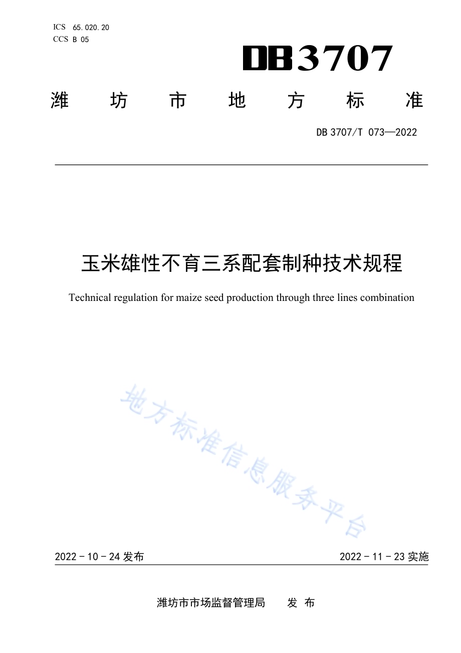 玉米雄性不育三系配套制种技术规程DB3707／T 073—2022.pdf_第1页