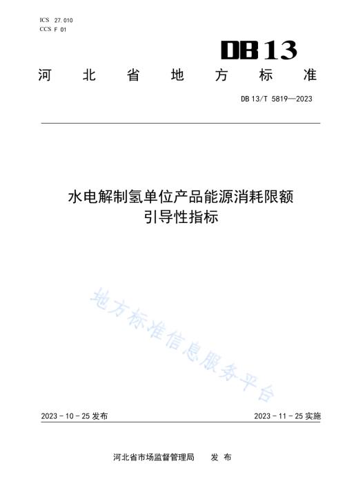 水电解制氢单位产品能源消耗限额引导性指标DB13／T 5819-2023.pdf