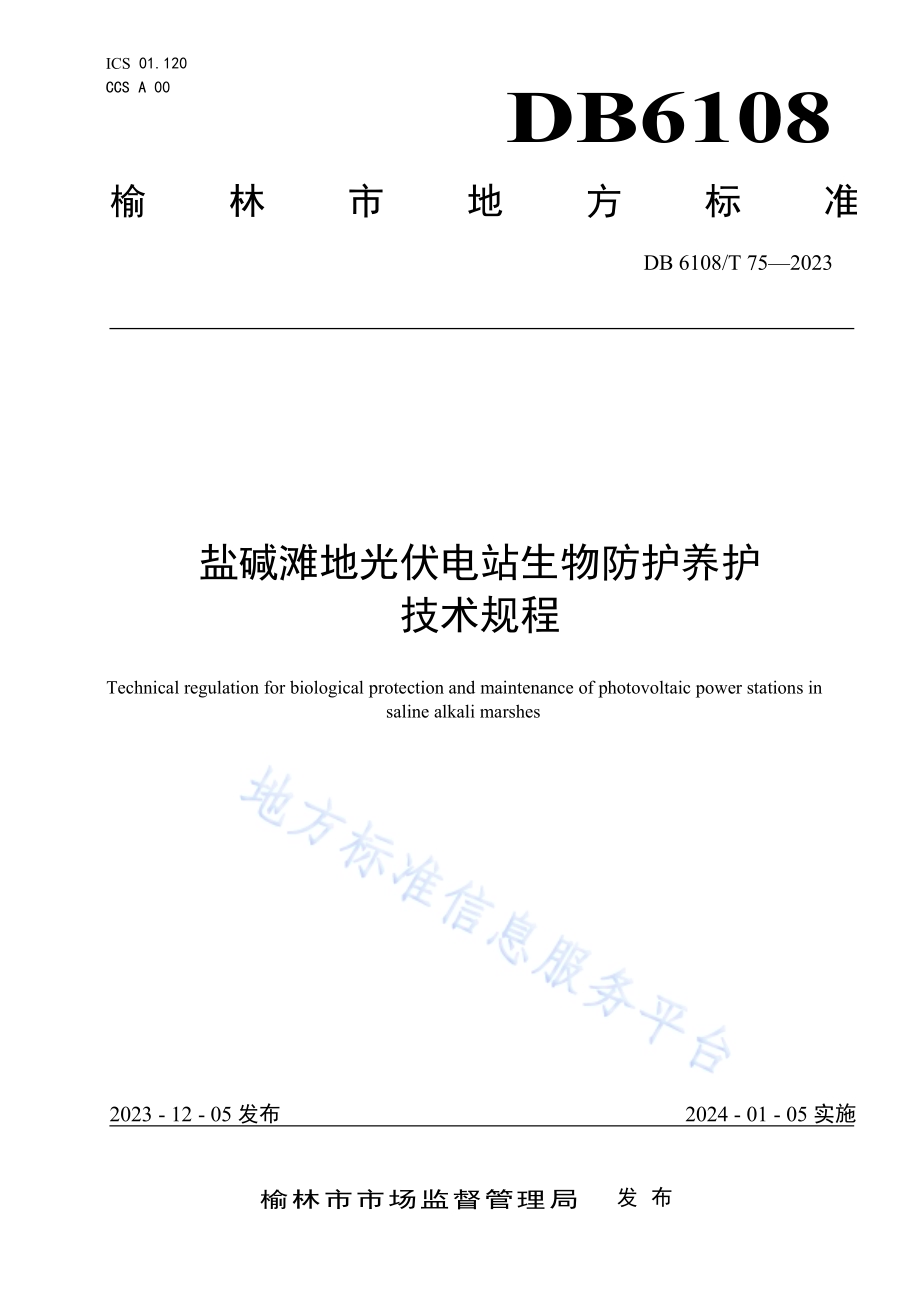 盐碱滩地光伏电站生物防护养护技术规程DB 6108／T 75—2023.pdf_第1页