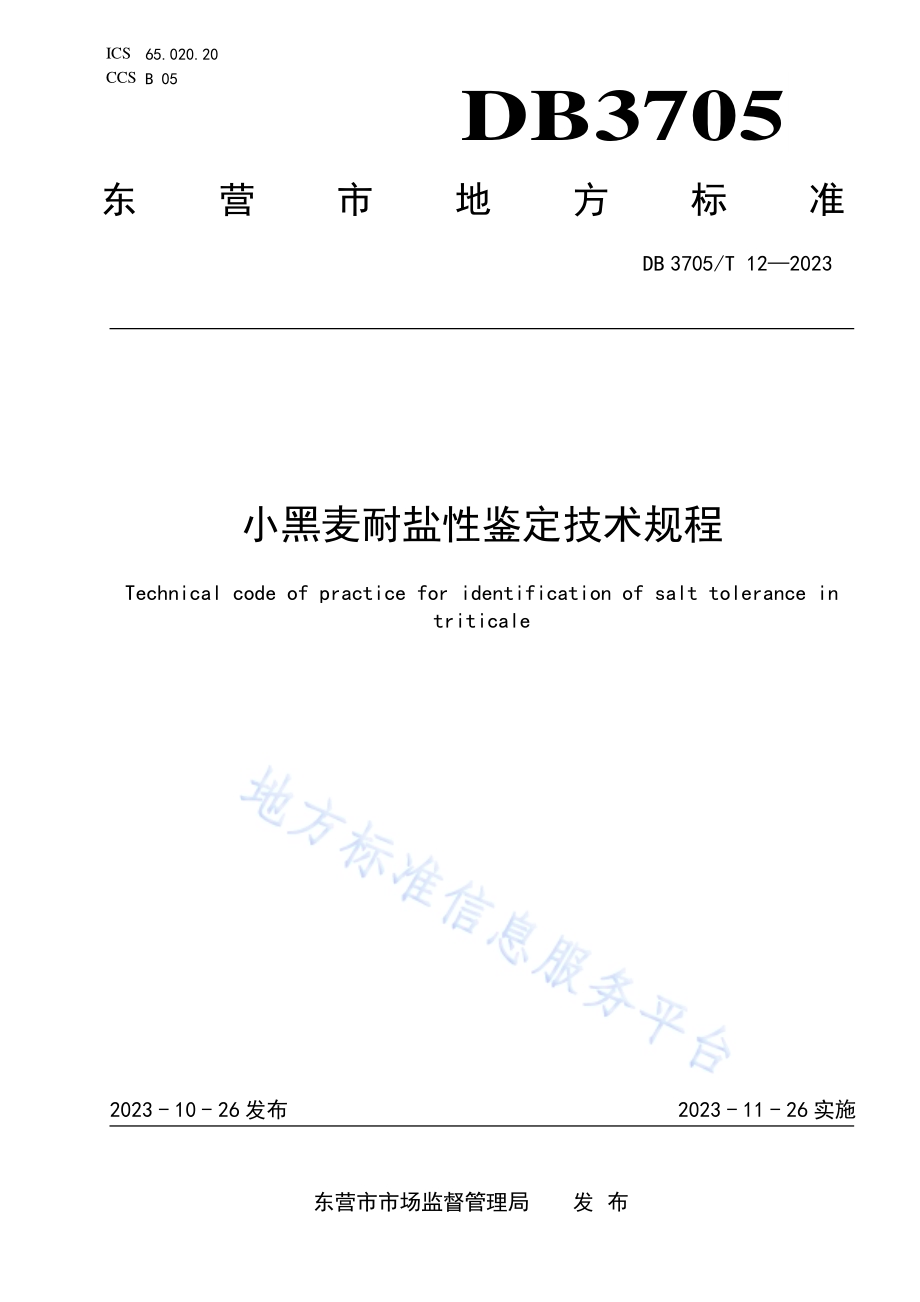 小黑麦耐盐性鉴定技术规程DB 3705／T 12-2023.pdf_第1页