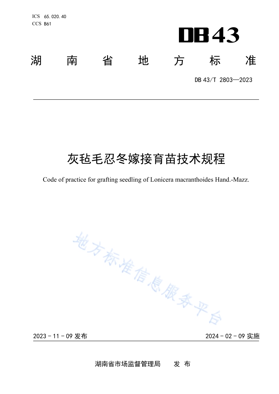 灰毡毛忍冬嫁接育苗技术规程DB43／T 2803-2023.pdf_第1页