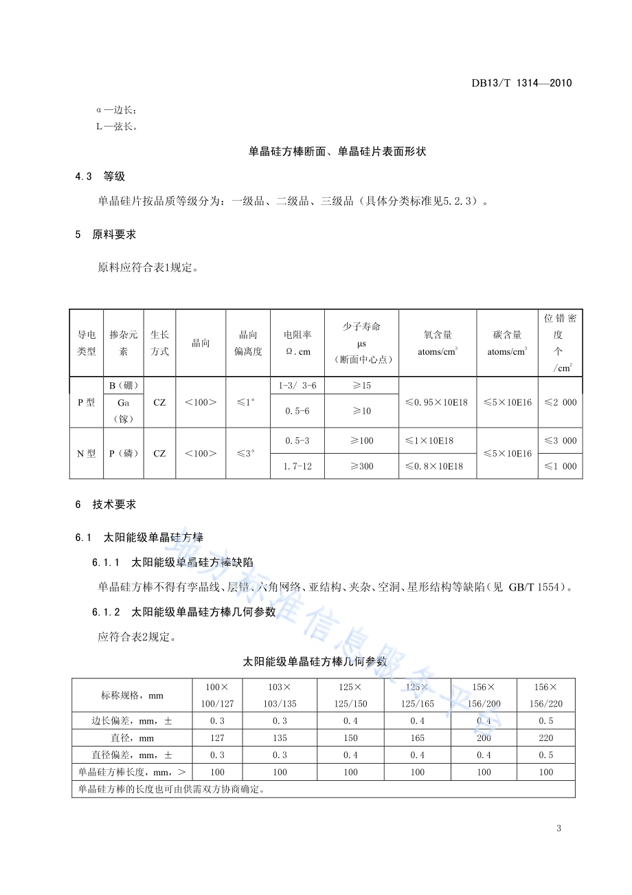 太阳能级单晶硅方棒、单晶硅片DB13／T 1314-2010.pdf_第5页