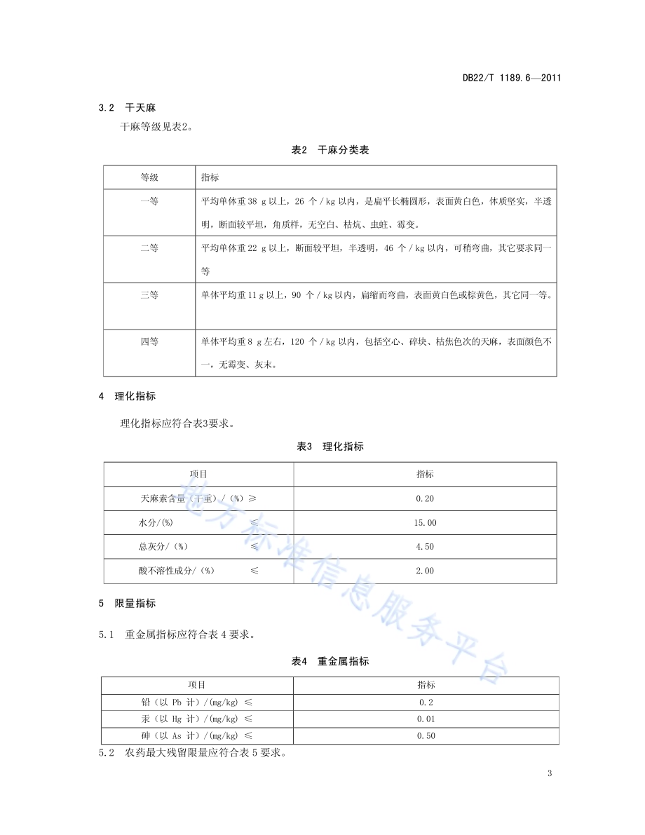 无公害农产品天麻 第6部分 质量要求DB22／T 1189.6-2011.pdf_第4页