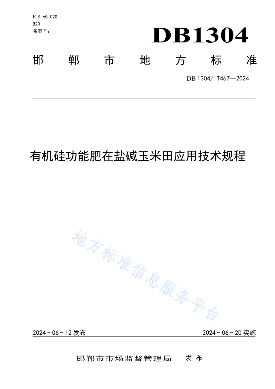 有机硅功能肥在盐碱玉米田应用技术规程DB1304／T 467-2024.pdf_第1页