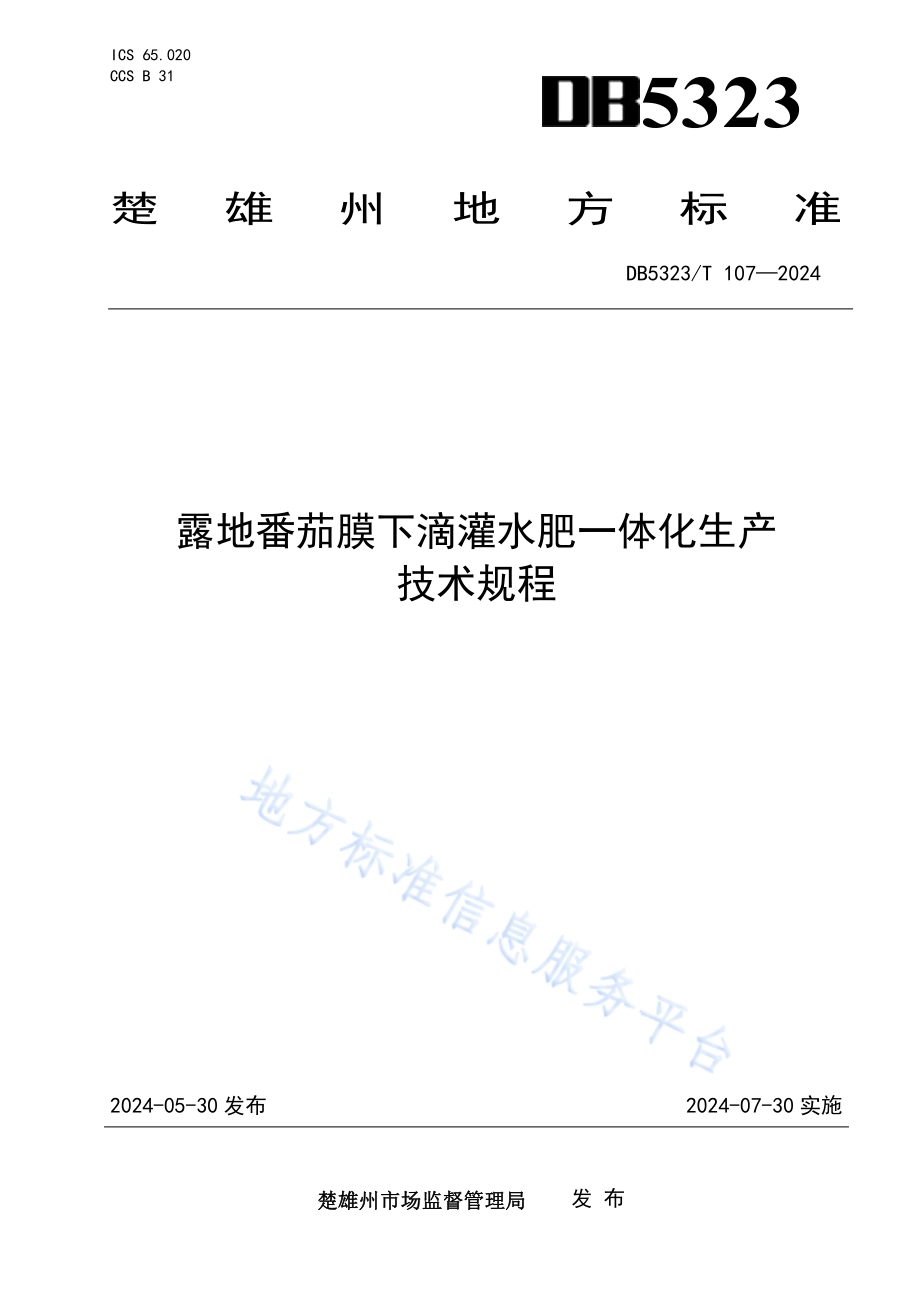 露地番茄膜下滴灌水肥一体化生产技术规程DB5323／T 107—2024.pdf_第1页
