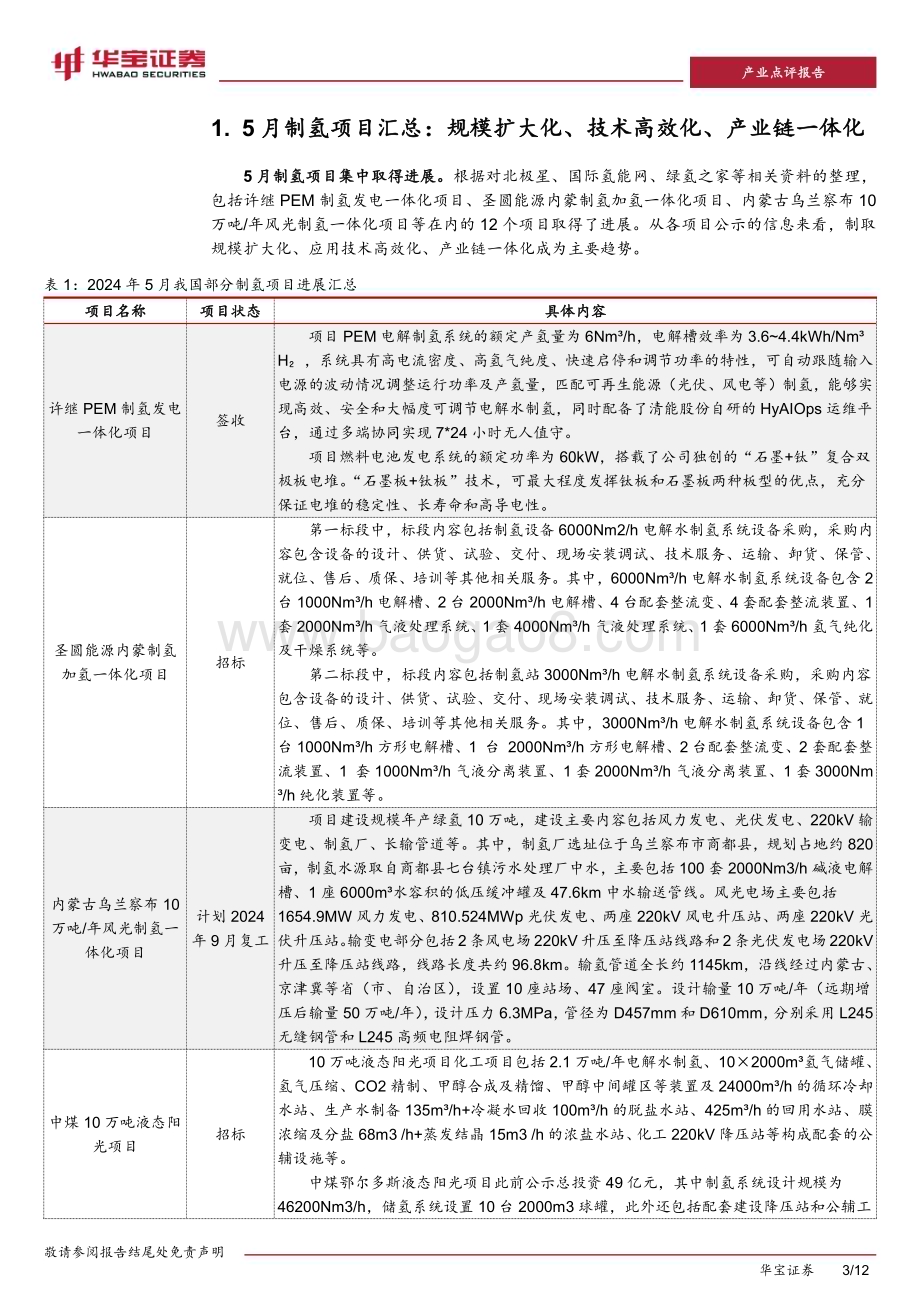 20240612_华宝证券_氢能行业点评报告：5月制氢项目建设进度加快大规模、高效、一体化有望成为未来趋势_12页.pdf_第3页