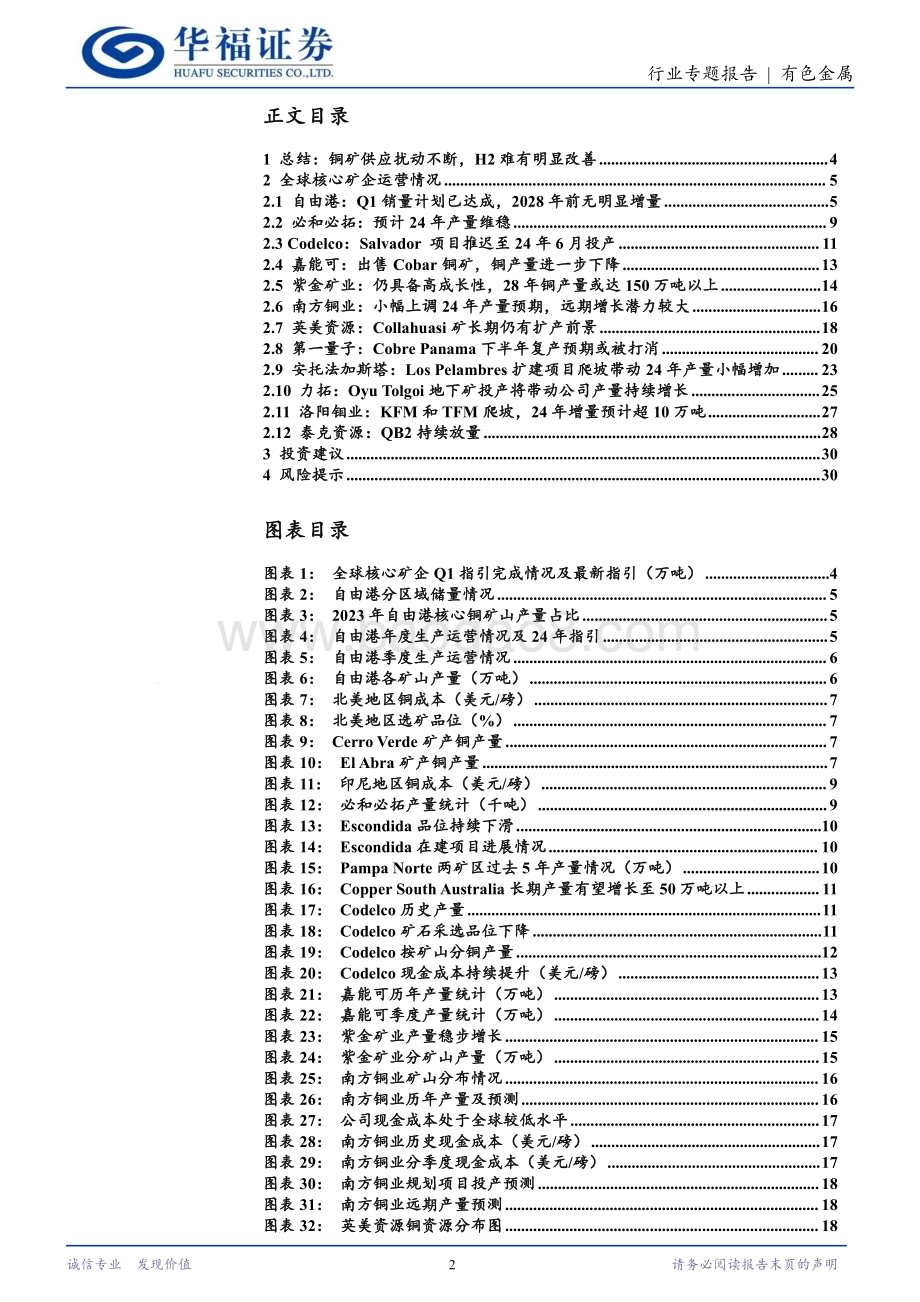 20240611_华福证券_有色金属行业2024Q1全球核心矿企跟踪：铜矿供应扰动不断H2难有明显改善_32页.pdf_第2页