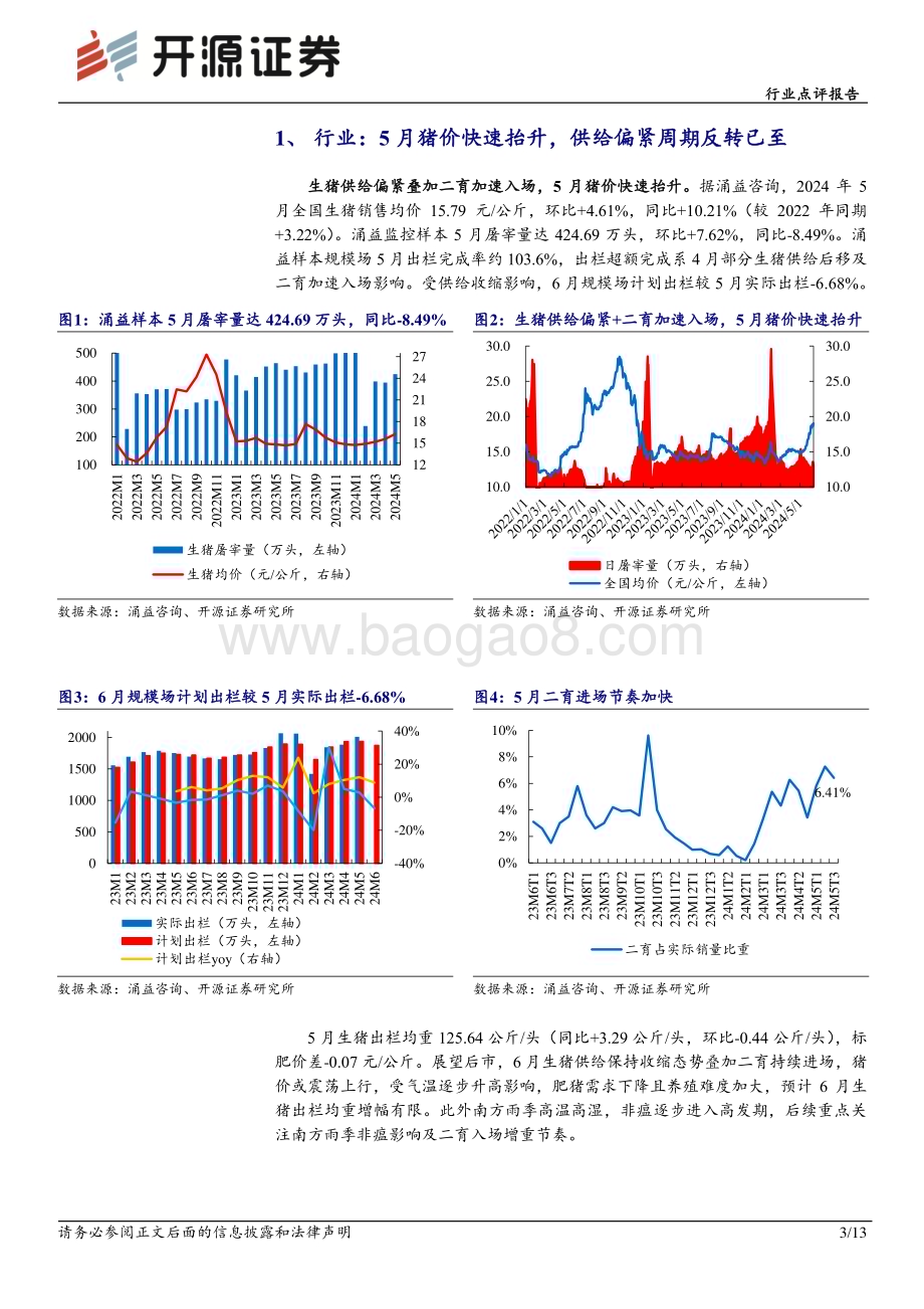 20240612_开源证券_农林牧渔行业点评报告：5月猪价快速抬升供给偏紧周期反转已至_13页.pdf_第3页