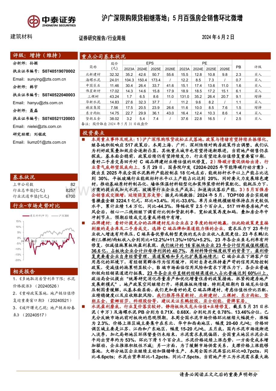 20240602_中泰证券_建筑材料行业：沪广深限购限贷相继落地；5月百强房企销售环比微增_19页.pdf_第1页