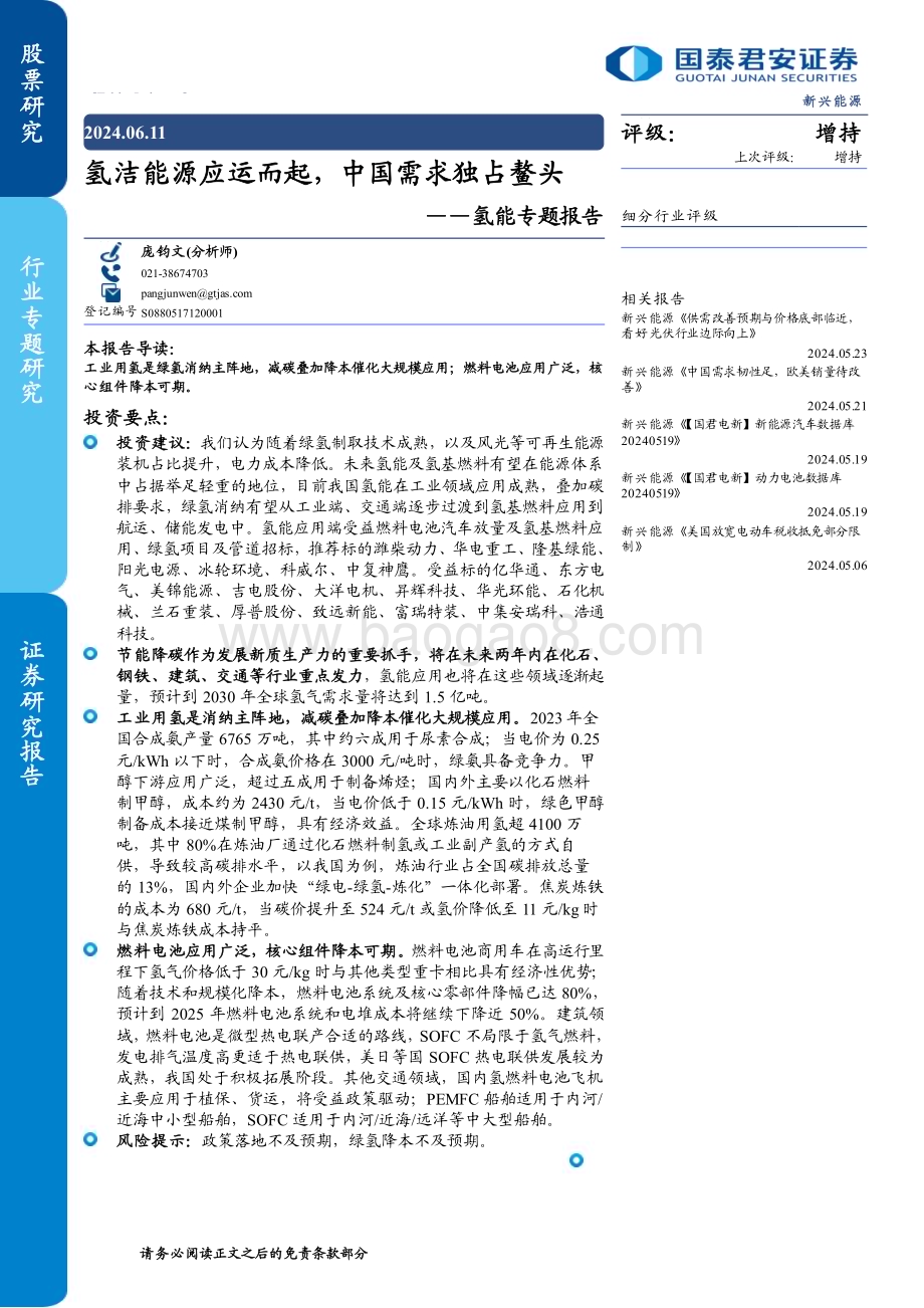 20240611_国泰君安_新兴能源行业氢能专题报告：氢洁能源应运而起中国需求独占鳌头_29页.pdf_第1页