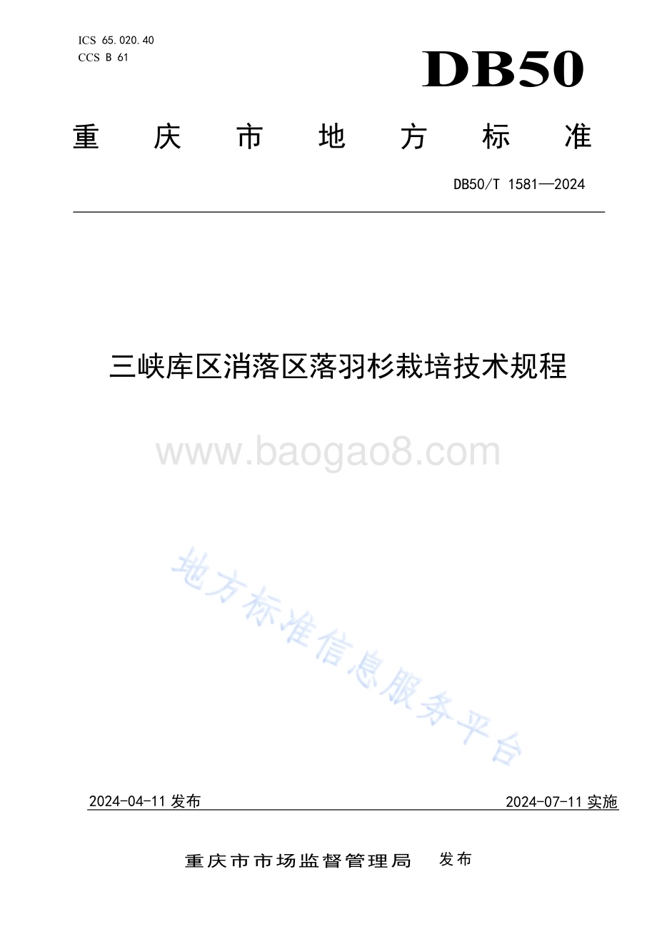 三峡库区消落区落羽杉栽培技术规程DB50／T 1581-2024.pdf_第1页