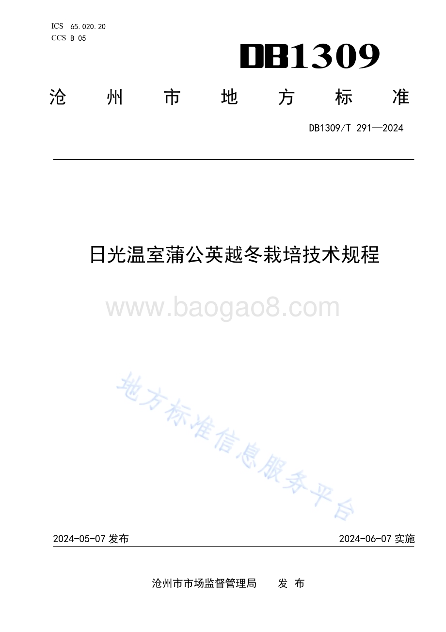 日光温室蒲公英越冬栽培技术规程DB1309／T 291-2024.pdf_第1页
