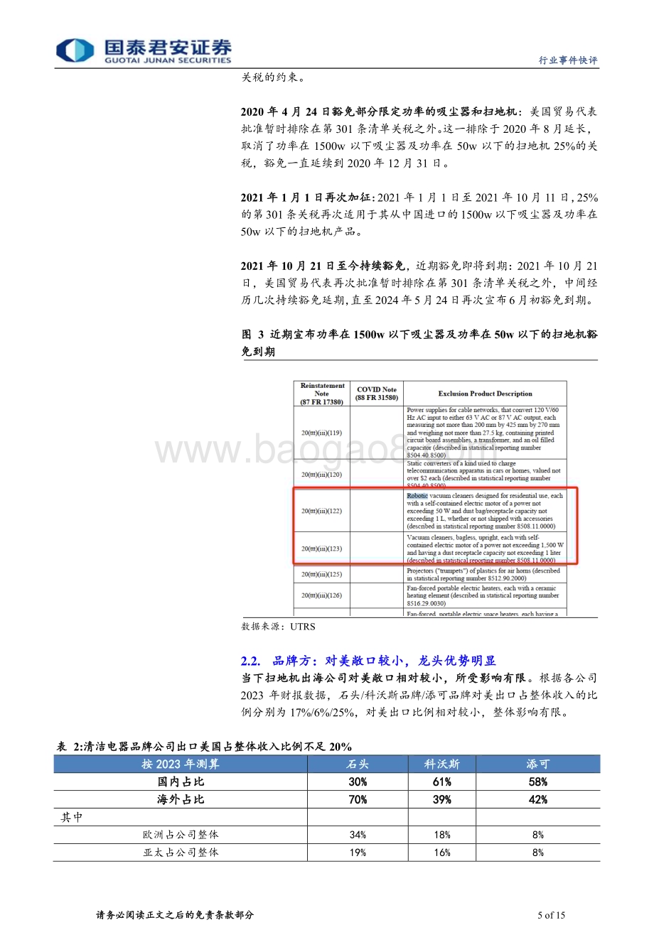 20240530_国泰君安_家用电器行业部分家电品类301关税豁免到期事件点评：豁免到期影响有限长期龙头优势稳固_15页.pdf_第5页