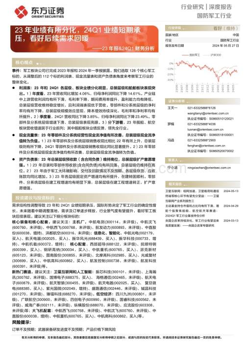 20240527_东方证券_国防军工行业：23年业绩有所分化24Q1业绩短期承压看好后续需求回暖_22页.pdf