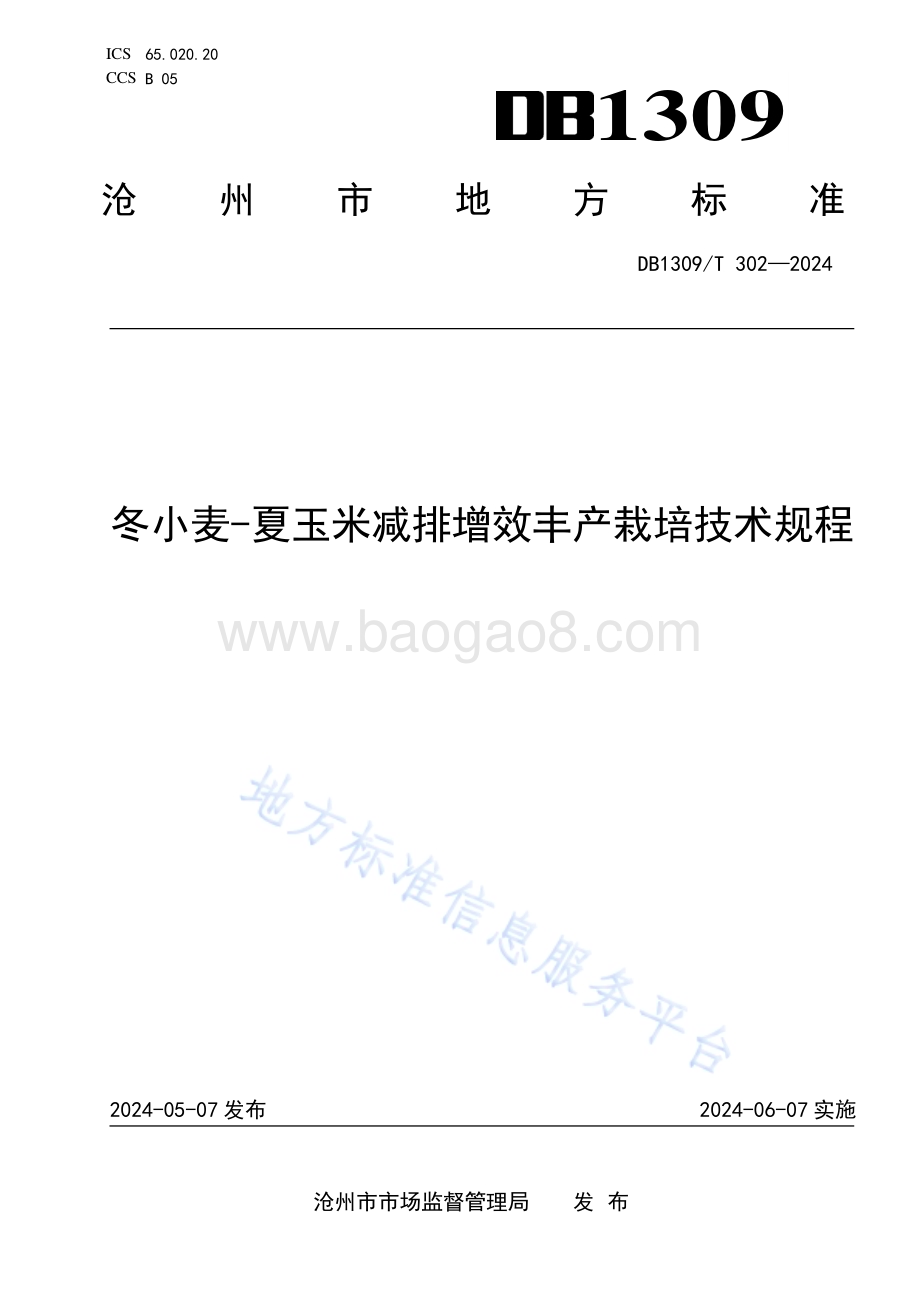 冬小麦-夏玉米减排增效丰产栽培技术规程DB1309／T 302-2024.pdf_第1页
