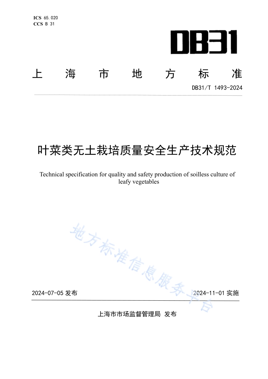叶菜类无土栽培质量安全生产技术规范DB31／T 1493-2024.pdf_第1页