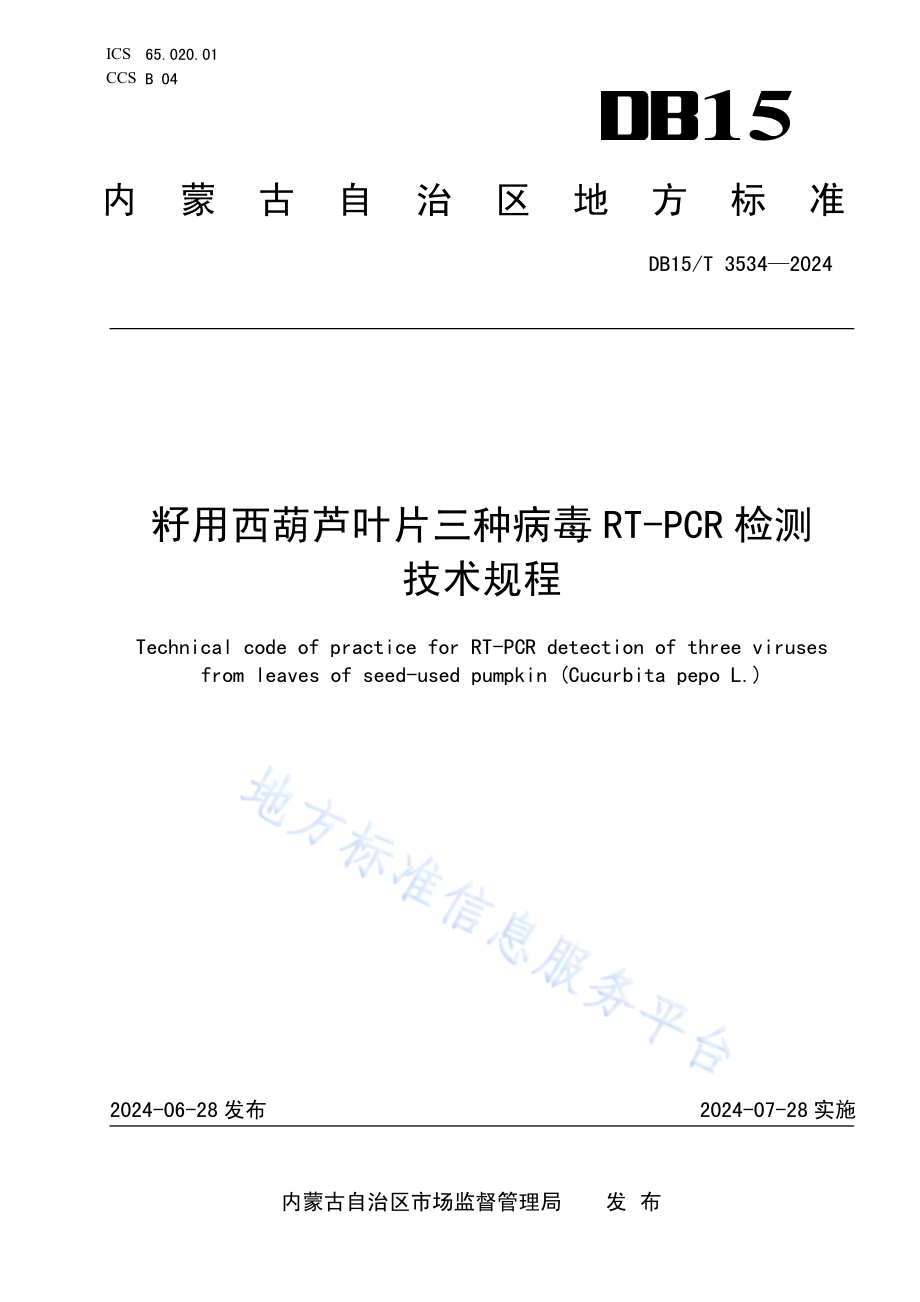 籽用西葫芦叶片三种病毒RT-PCR检测技术规程DB15／T 3534—2024.pdf_第1页