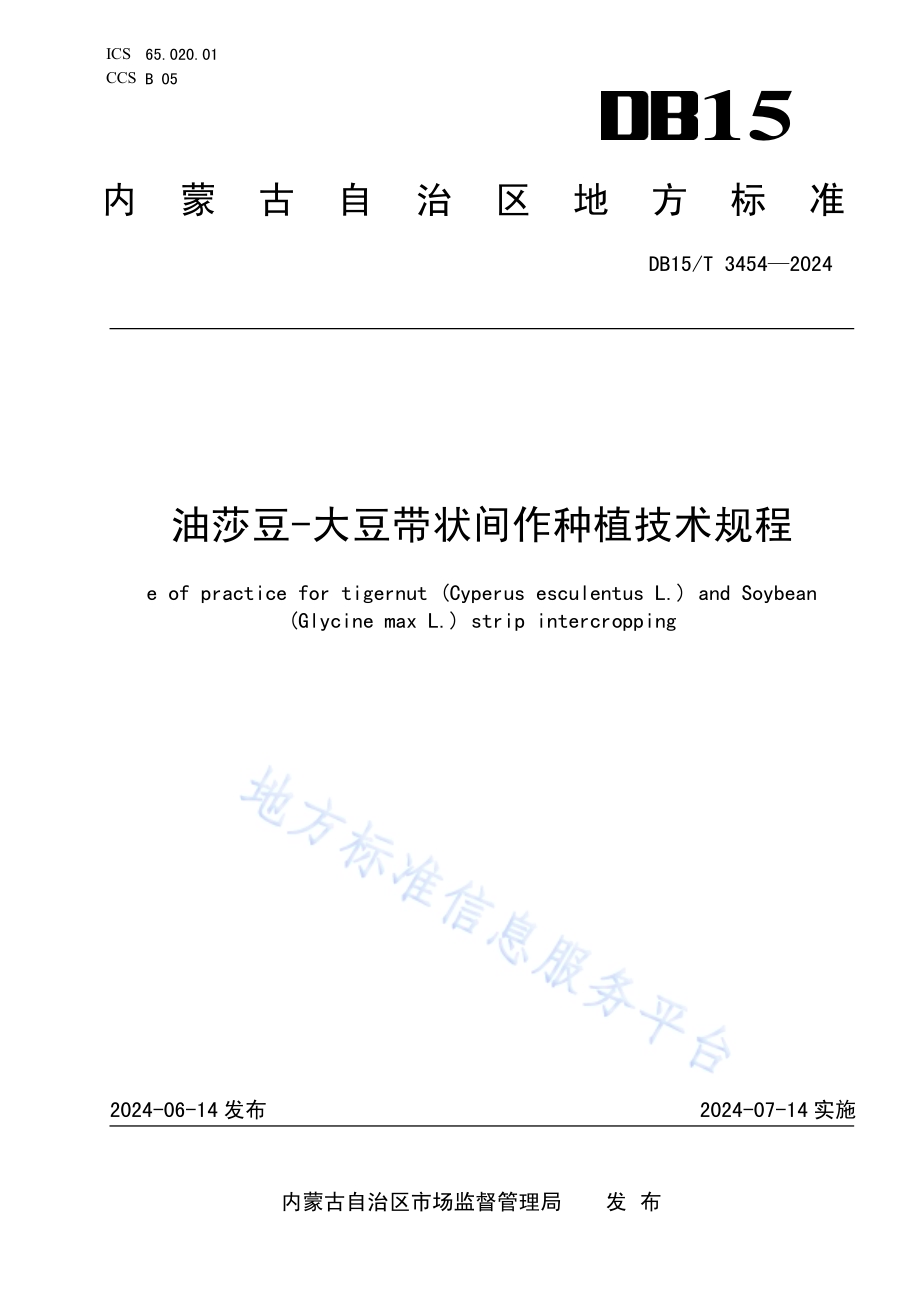 油莎豆-大豆带状间作种植技术规程DB15／T 3454—2024.pdf_第1页