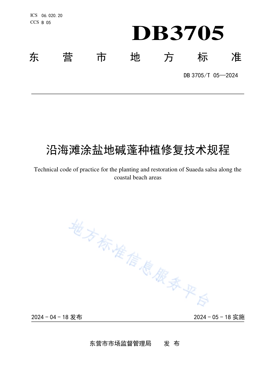 沿海滩涂盐地碱蓬种植修复技术规程DB 3705／T 05-2024.pdf_第1页