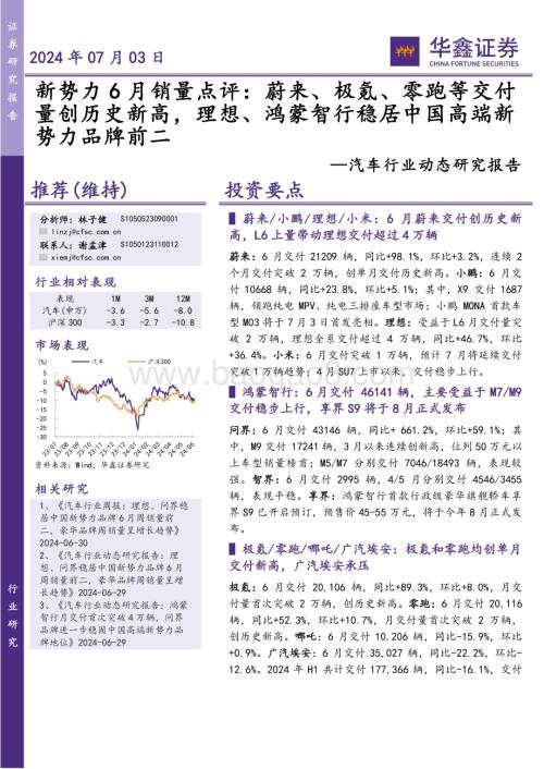 20240703_华鑫证券_汽车行业动态研究报告：新势力6月销量点评蔚来、极氪、零跑等交付量创历史新高理想、鸿蒙智行稳居中国高端新势力品牌前二_14页.pdf