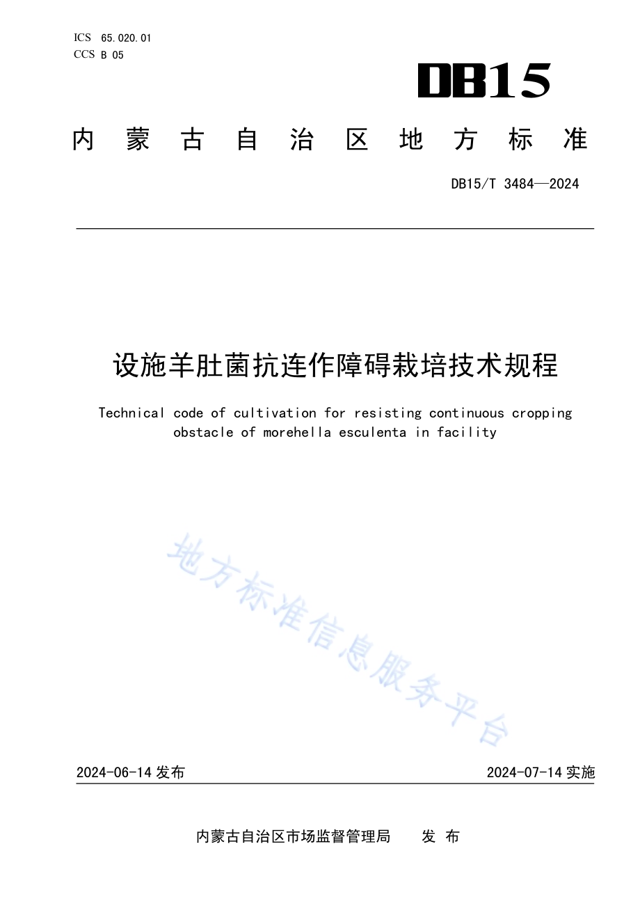 设施羊肚菌抗连作障碍栽培技术规程DB15／T 3484—2024.pdf_第1页