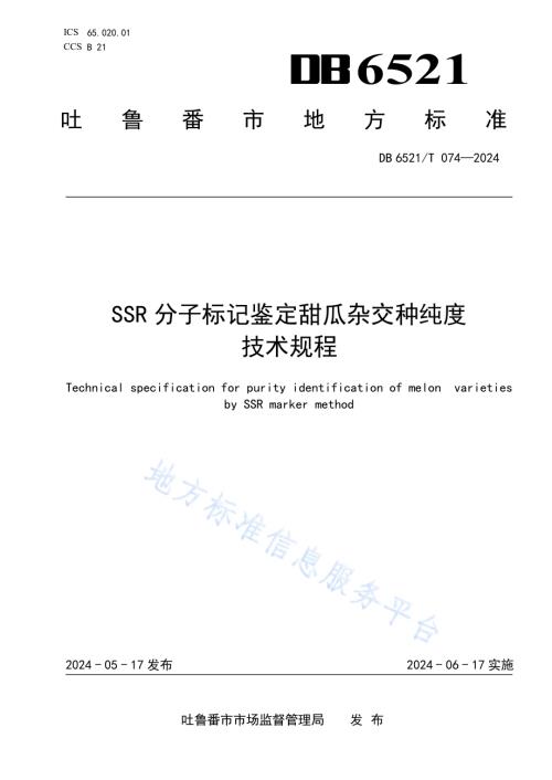 SSR分子标记鉴定甜瓜杂交种纯度技术规程DB6521／T 074-2024.pdf