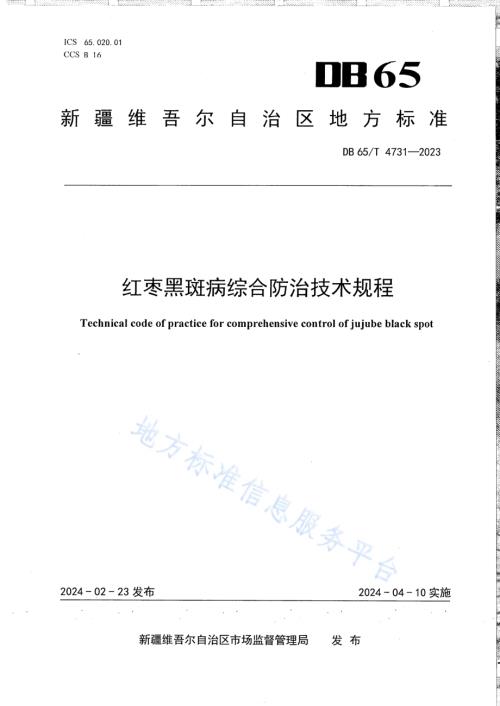 红枣黑斑病综合防治技术规程DB65／T 4731-2023.pdf