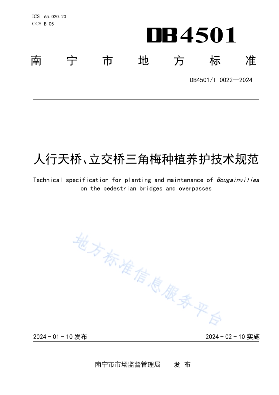 人行天桥、立交桥三角梅种植养护技术规范DB4501／T 0022-2024.pdf_第1页