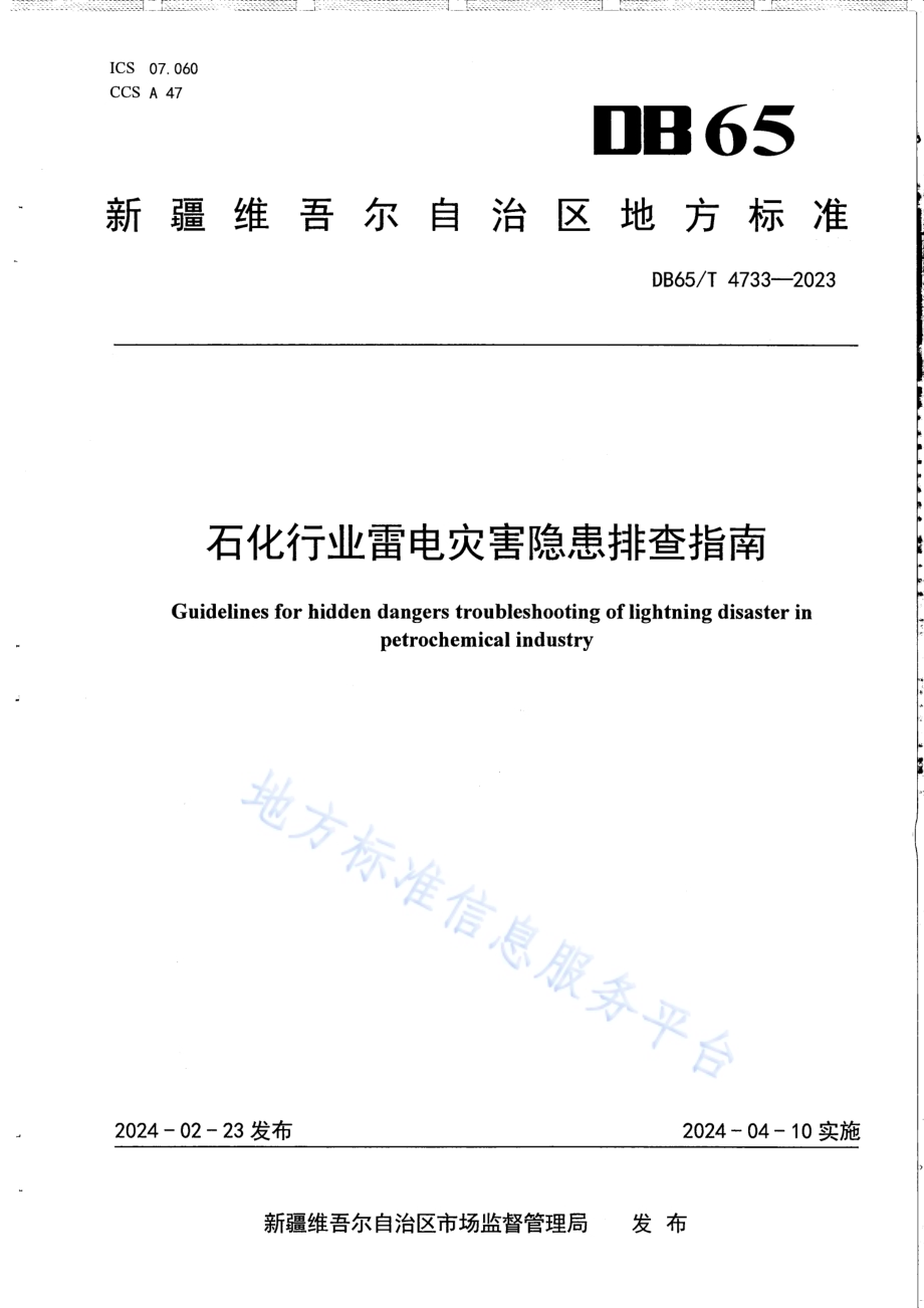 石化行业雷电灾害隐患排查指南DB65／T 4733-2023.pdf_第1页