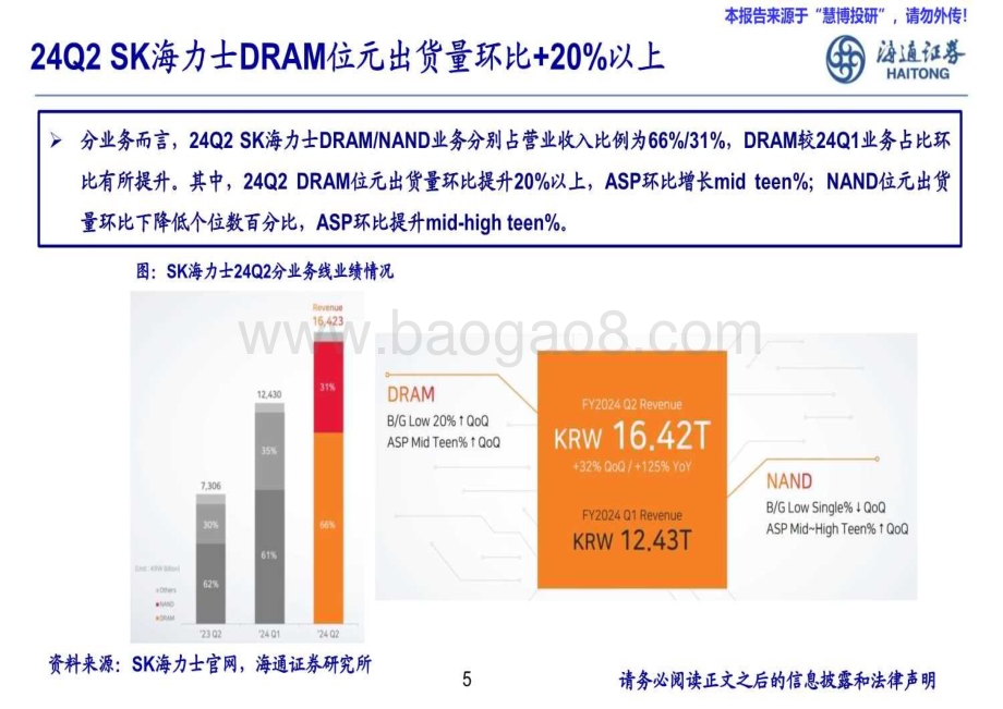 20240827_海通证券_半导体存储行业跟踪：24Q2 SK海力士业绩环比改善HBM3E销售额显著增长_20页.pdf_第5页