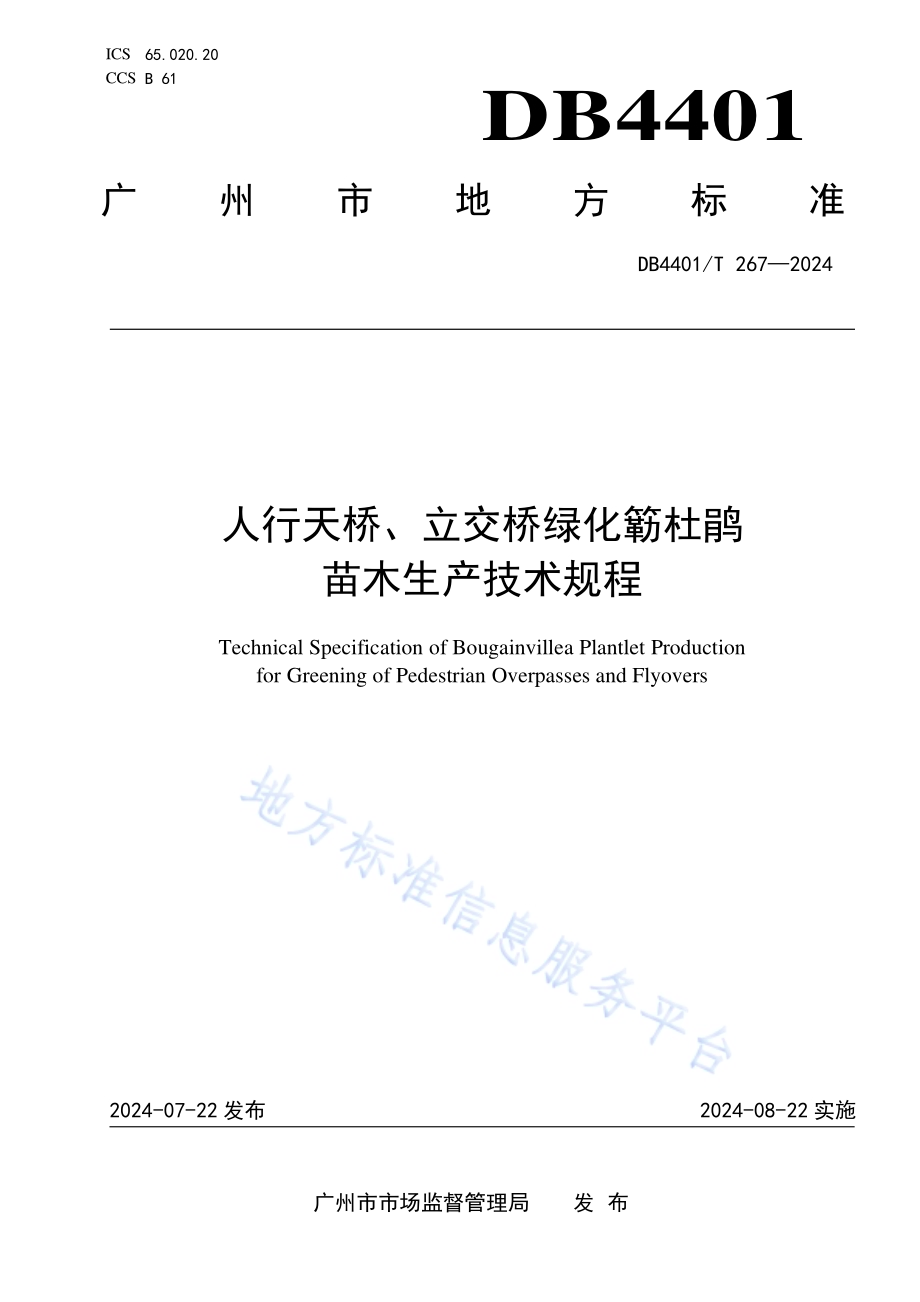 人行天桥、立交桥绿化簕杜鹃苗木生产技术规程DB4401／T 267—2024.pdf_第1页